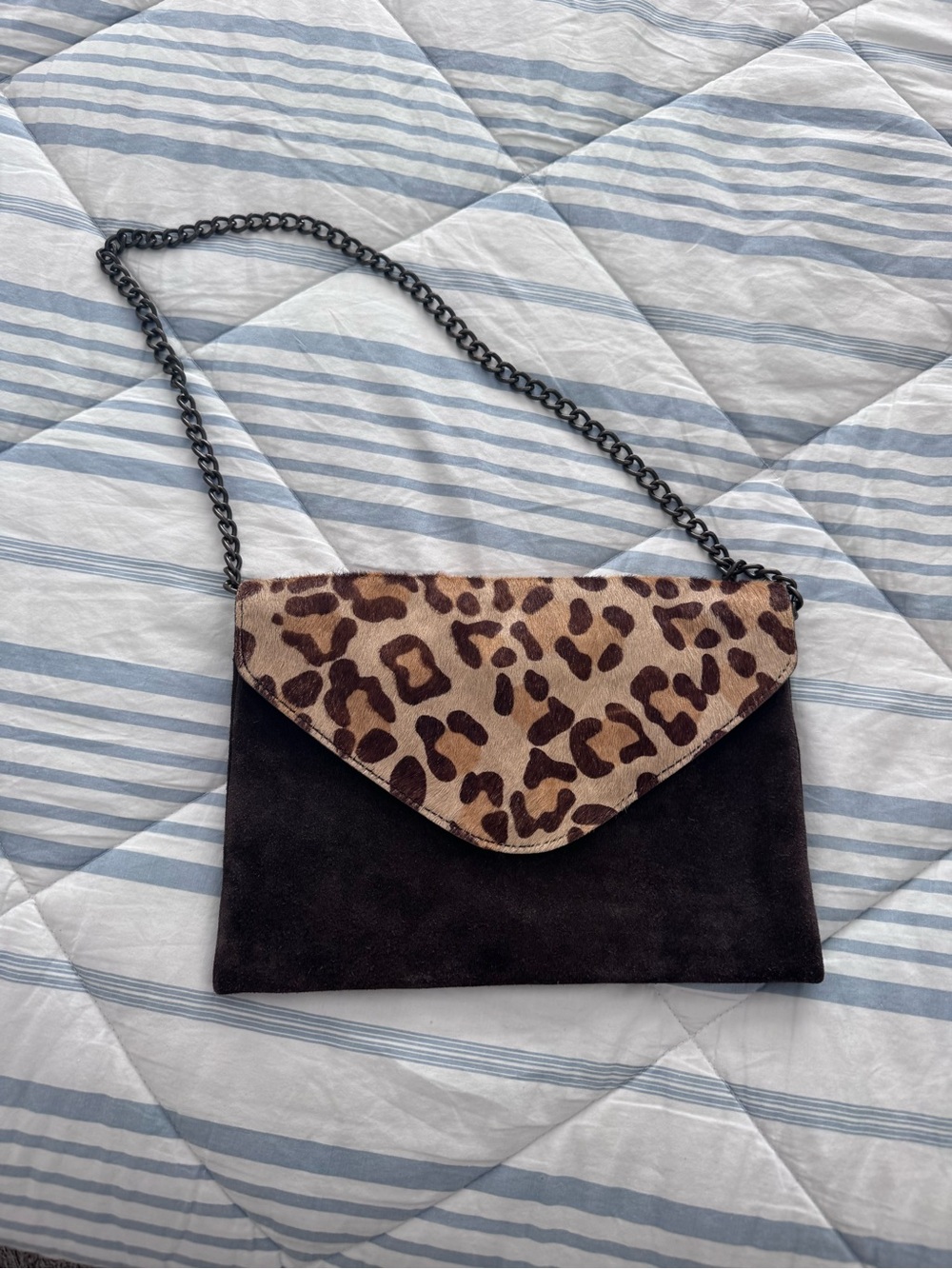 J. Crew Leopard Flap Black Suede Chain Clutch